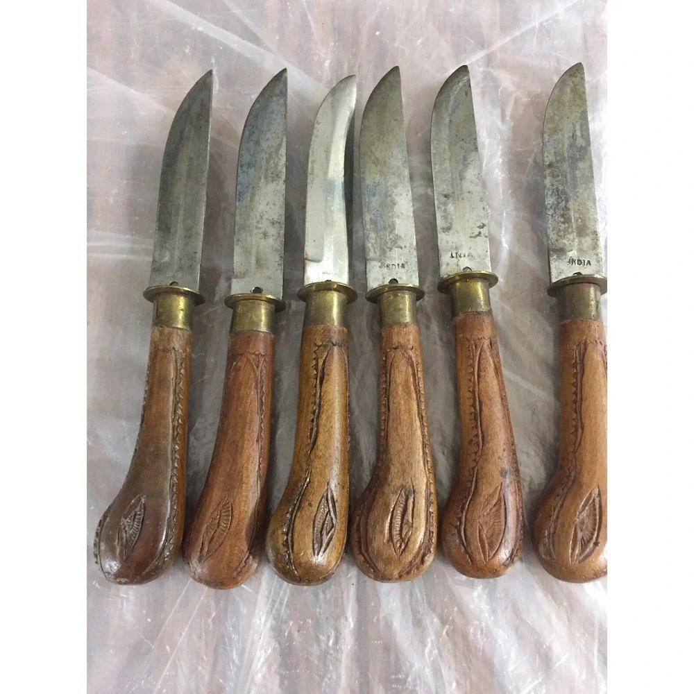 Vintage MCM Handcrafted Wooden Knife Set India 6pc Carved‎ Handles Wood Box Folk